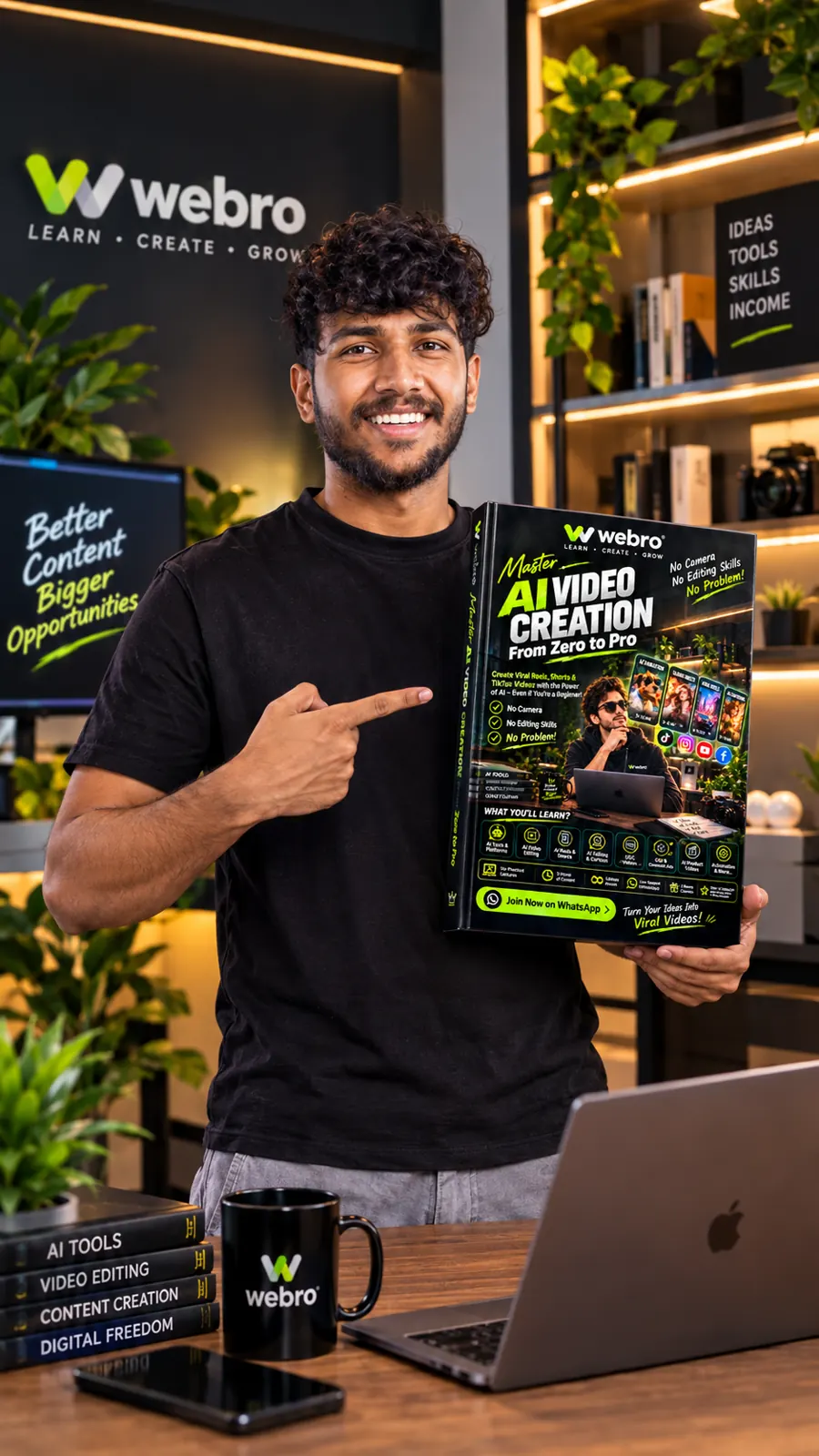 AI video creation course mentor holding the course box